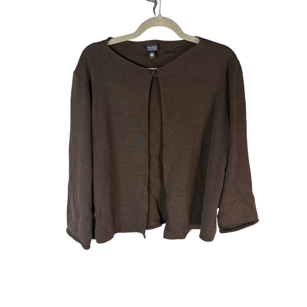 Eileen Fisher Wool Blend Open Front Cardigan Sweater Quiet Luxury Minimalist L